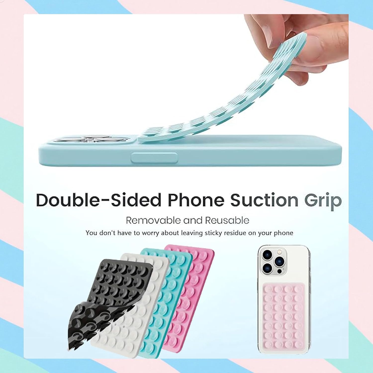 3 PCS Double Sided Phone Suction Pad,Sticky Phone Case for Wall ands-Free Fidget Toy Mirror Shower,Suction Cup Holder for Car Mobile Power Supplies (Black White Pink) - Image 3
