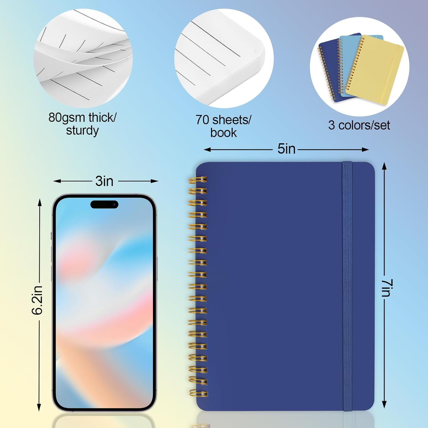 3 PCS Small Spiral Notebook 5x7, Notebooks for Note Taking, Blue Color Scheme Spiral Journal Notebook, Work Notebook Small Notebooks 5x7 with Strap, Cute Notebooks for Women 70 Sheets/Note Books - Image 2