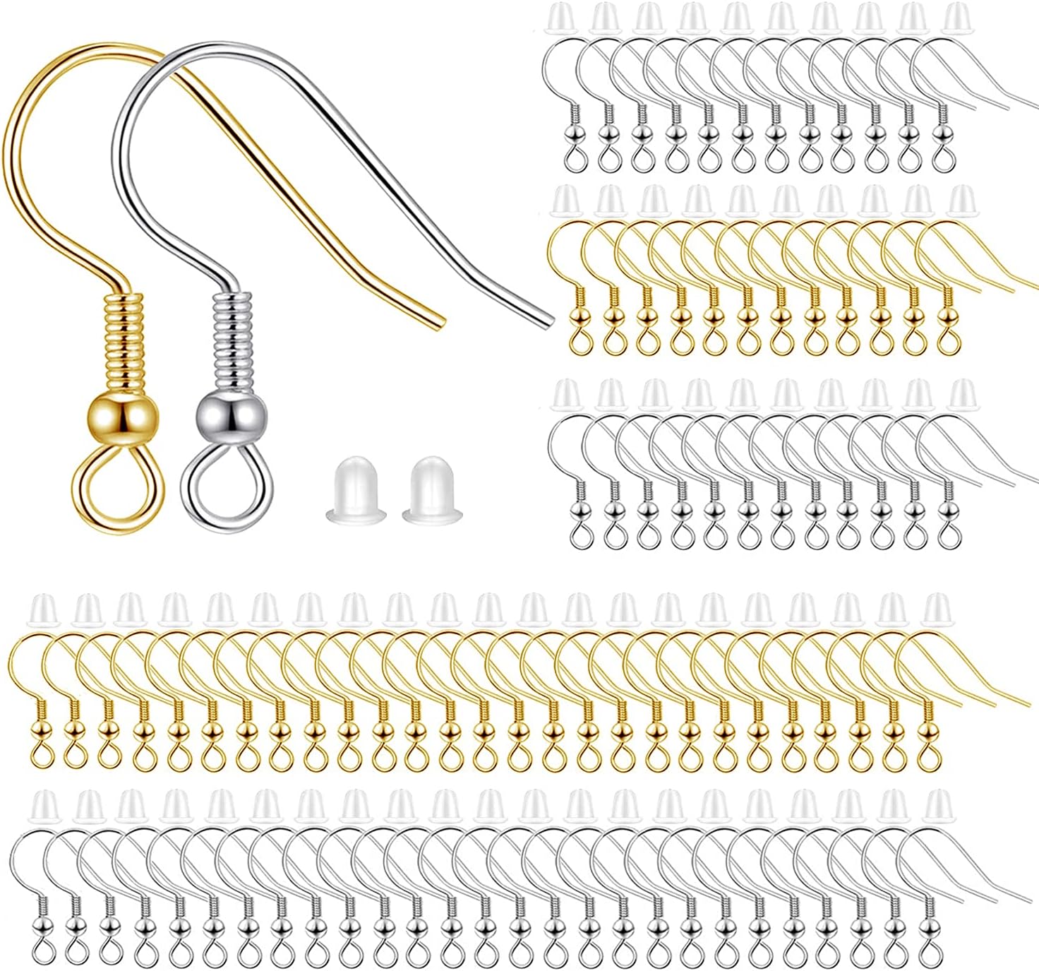 200pcs Mix Earring Hooks & Backs, Silver & Gold, 100pcs Hooks & 100pcs Backs, DIY Earring Supplies - Image 1