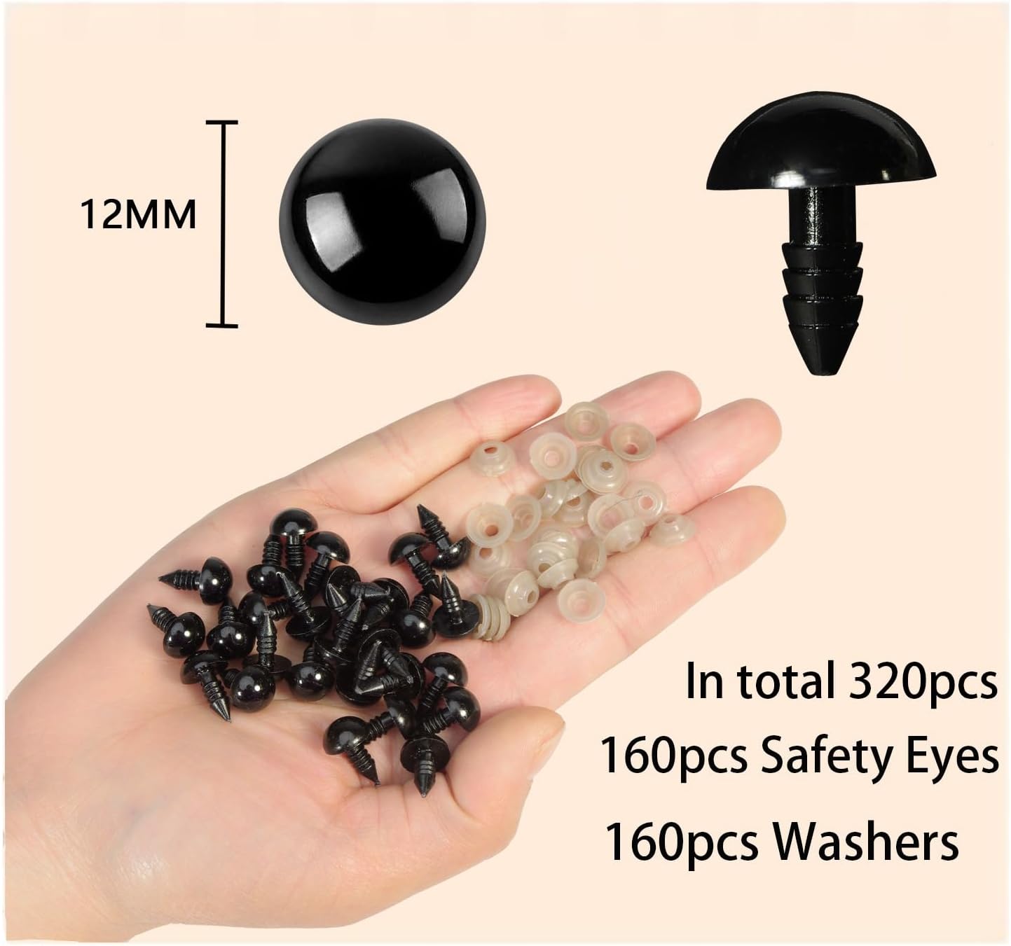 320pcs Include 160pcs 12mm Black Plastic Safety Eyes Crafts Safety Eyes with 160pcs Washers for Amigurumi Crochet Bears Stuffed Animals Doll Making - Image 2