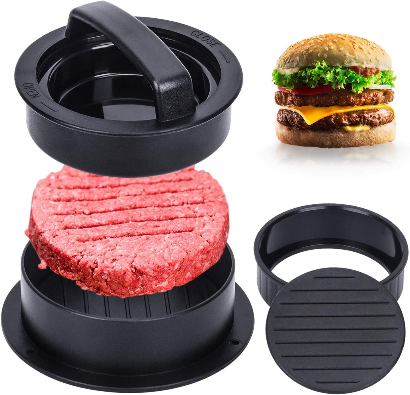 Burger Press, Hamburger Press Patty Maker With 100Pcs Hamburger Patty Paper, 3 in 1 Non Stick Patty Mold for Stuffed Burgers, Sliders, Veggie Beef Burger, Kitchen Barbecue Tool Grilling Accessories - Image 1