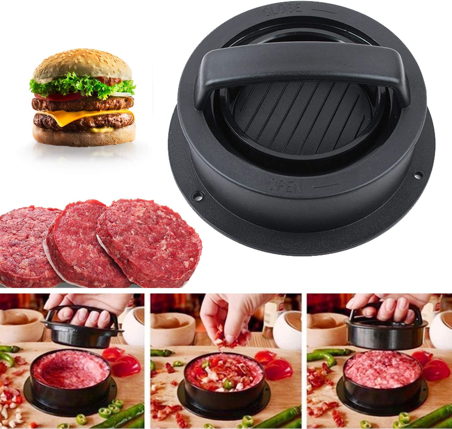 Burger Press, Hamburger Press Patty Maker With 100Pcs Hamburger Patty Paper, 3 in 1 Non Stick Patty Mold for Stuffed Burgers, Sliders, Veggie Beef Burger, Kitchen Barbecue Tool Grilling Accessories - Image 4