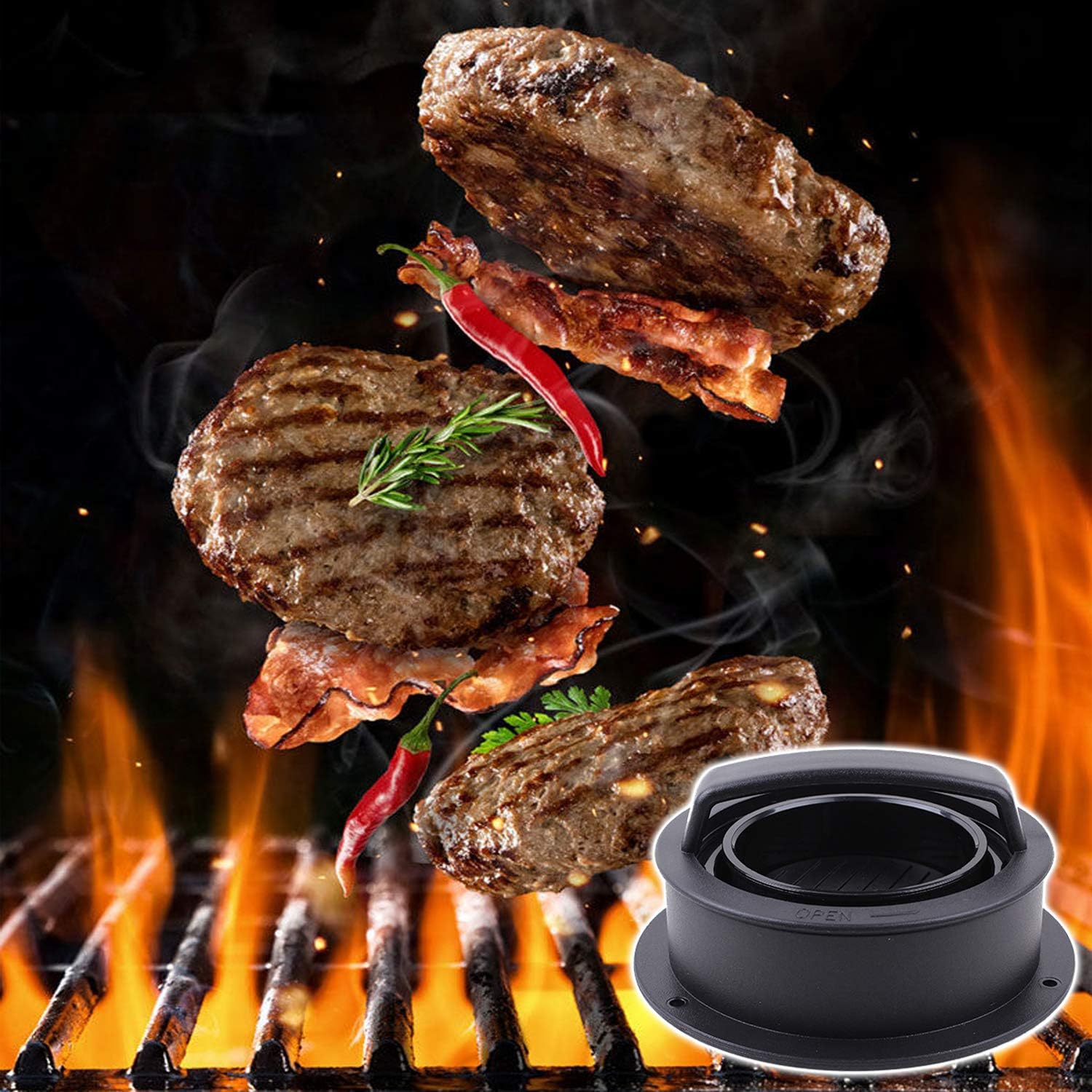 Burger Press, Hamburger Press Patty Maker With 100Pcs Hamburger Patty Paper, 3 in 1 Non Stick Patty Mold for Stuffed Burgers, Sliders, Veggie Beef Burger, Kitchen Barbecue Tool Grilling Accessories - Image 8