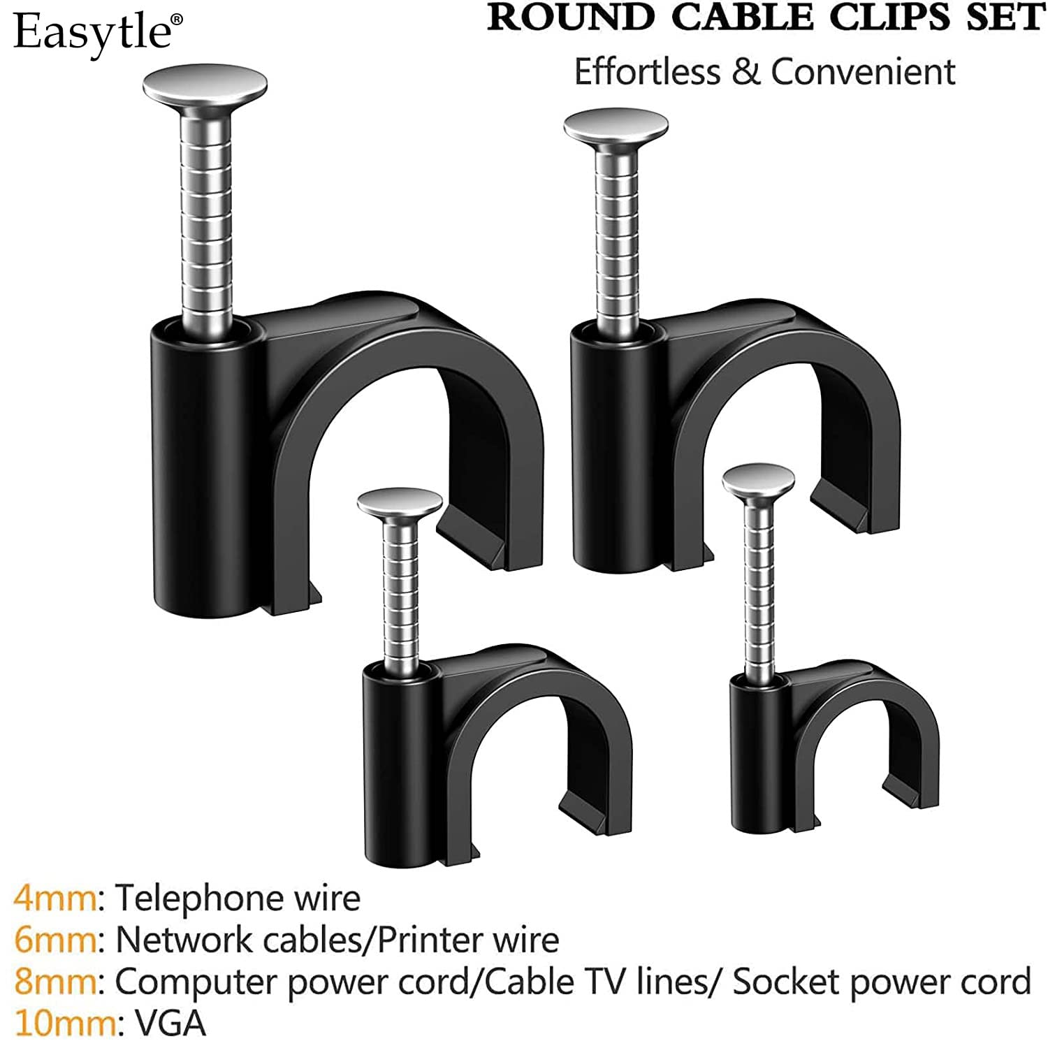 200 Pcs Cable Clips 4/6/8/10mm Nail in Cable Clips Cable Wire Clips Cable Tacks Coax Cable Clips Speaker Wire Clips Cable Nails for Cords Wall Wire Clips RG6 RG59 CAT6 RJ45 Ethernet Cable Clips Black - Image 3