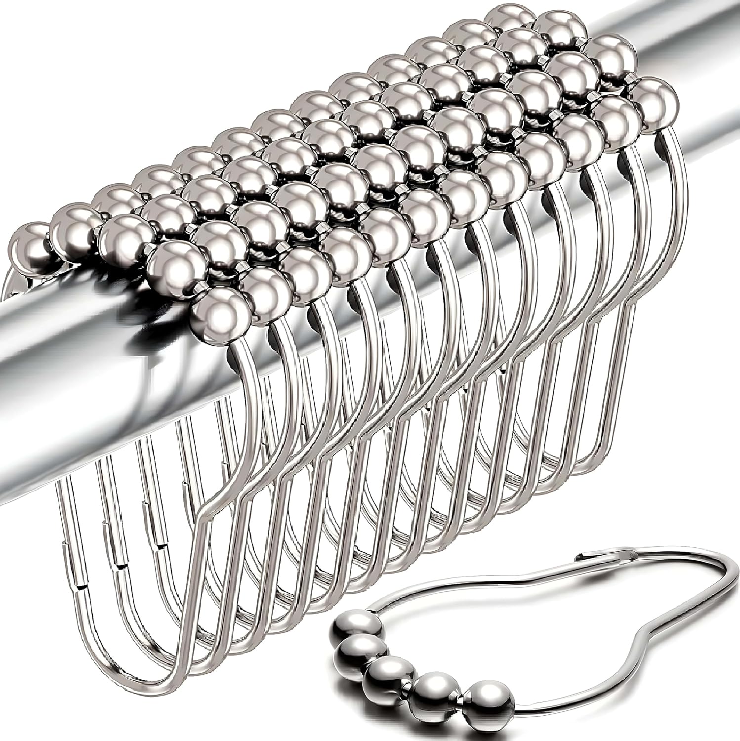 Shower Curtain Hooks Rust Proof (Set of 12) - Stainless Steel Shower Curtain Rings - Anti Slip Roller Balls for Easy Glide (Secure Lock Hooks, Polished Nickel) - Image 1