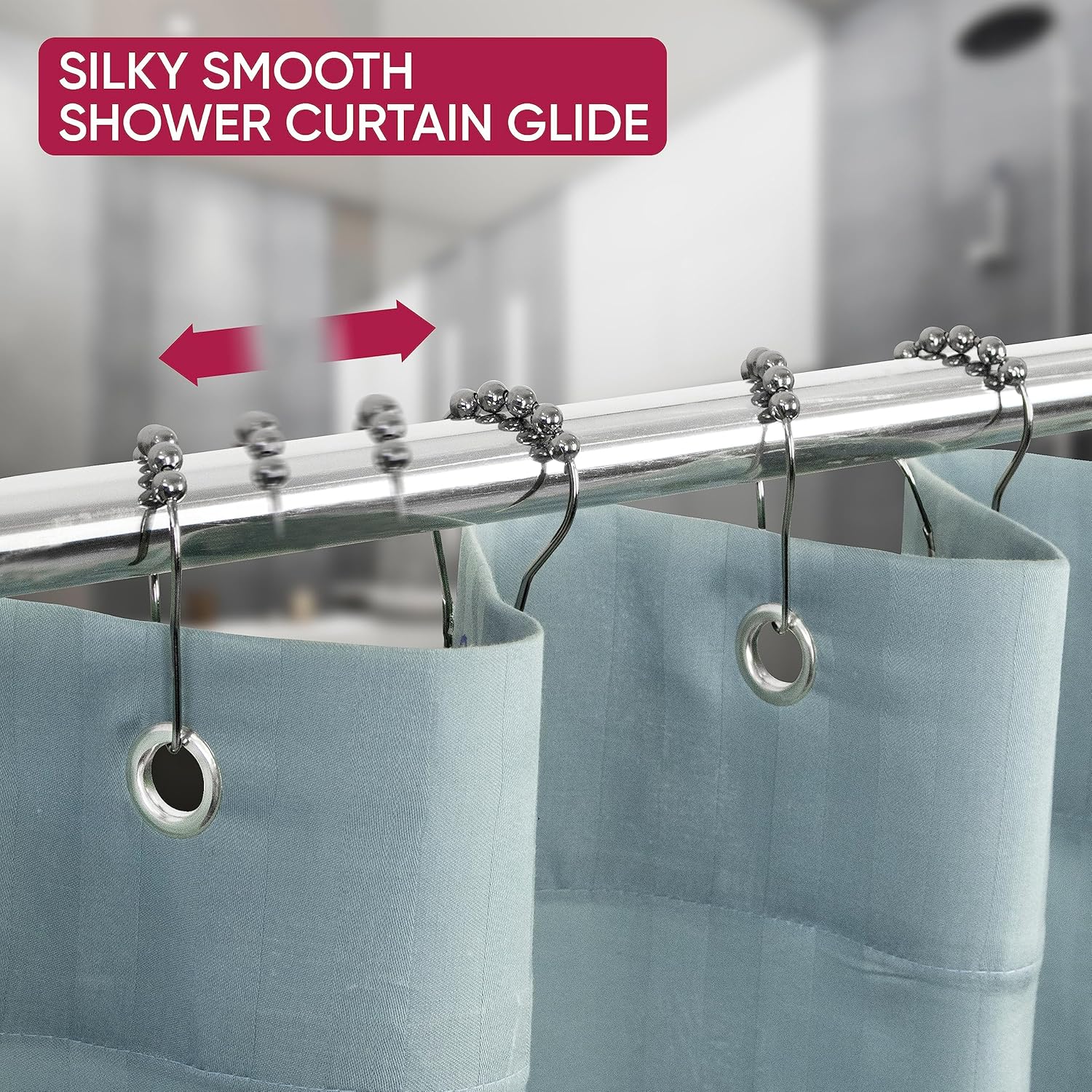 Shower Curtain Hooks Rust Proof (Set of 12) - Stainless Steel Shower Curtain Rings - Anti Slip Roller Balls for Easy Glide (Secure Lock Hooks, Polished Nickel) - Image 2