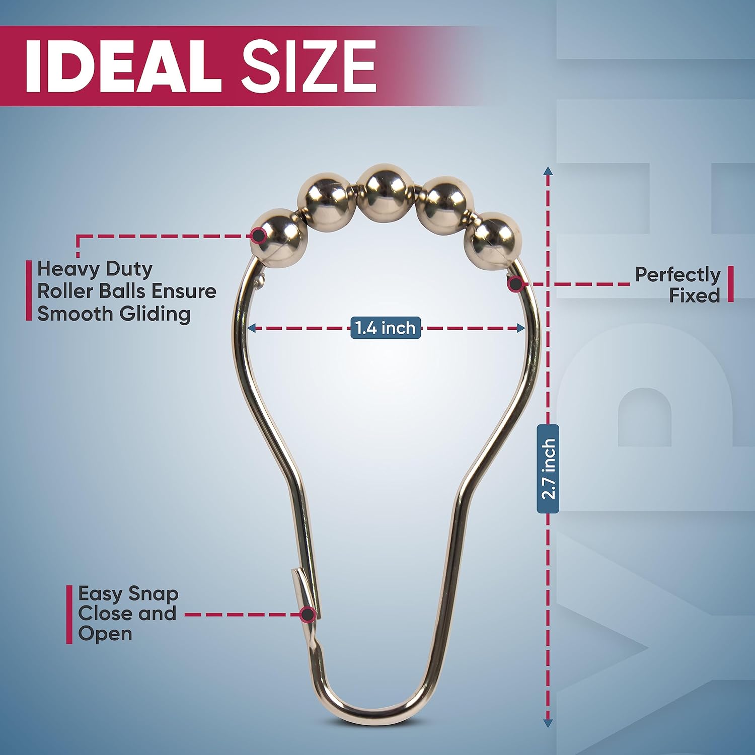 Shower Curtain Hooks Rust Proof (Set of 12) - Stainless Steel Shower Curtain Rings - Anti Slip Roller Balls for Easy Glide (Secure Lock Hooks, Polished Nickel) - Image 3