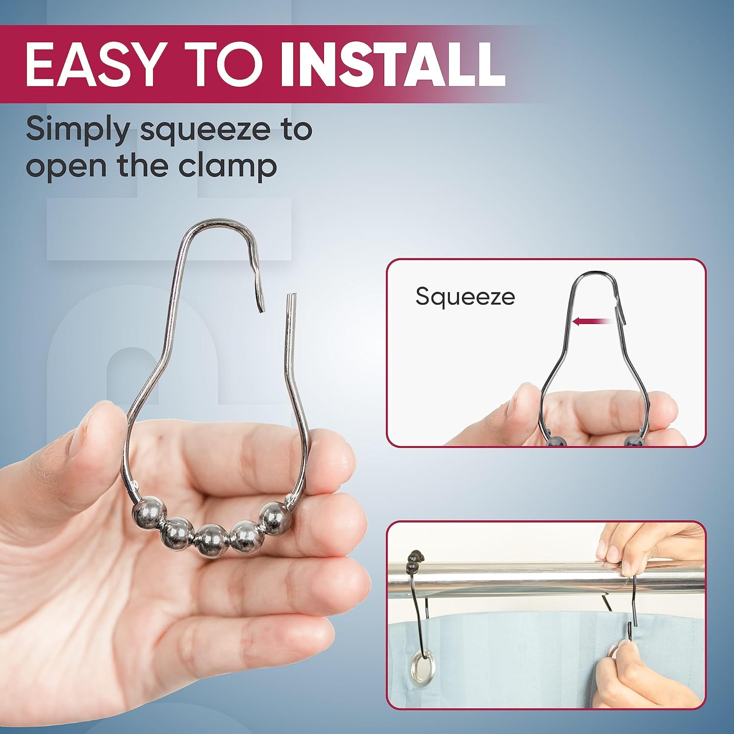 Shower Curtain Hooks Rust Proof (Set of 12) - Stainless Steel Shower Curtain Rings - Anti Slip Roller Balls for Easy Glide (Secure Lock Hooks, Polished Nickel) - Image 4