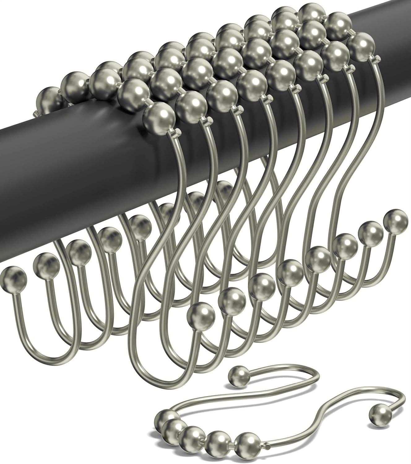 Shower Curtain Hooks Rust Proof (Set of 12) - Stainless Steel Shower Curtain Rings - Anti Slip Roller Balls for Easy Glide (Omega Double Hooks, Polished Nickel) - Image 1