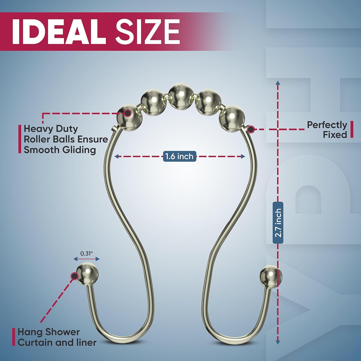 Shower Curtain Hooks Rust Proof (Set of 12) - Stainless Steel Shower Curtain Rings - Anti Slip Roller Balls for Easy Glide (Omega Double Hooks, Polished Nickel) - Image 3