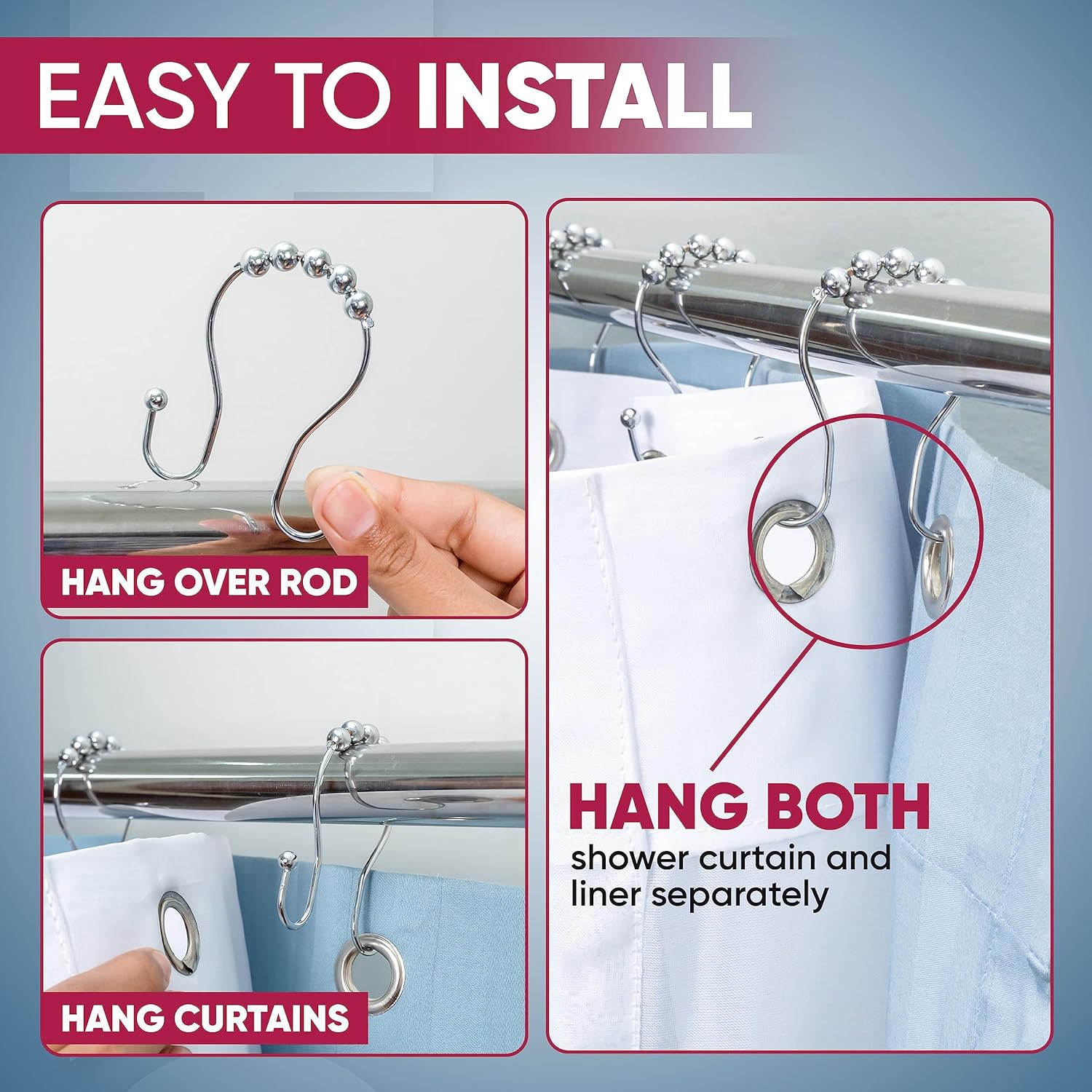 Shower Curtain Hooks Rust Proof (Set of 12) - Stainless Steel Shower Curtain Rings - Anti Slip Roller Balls for Easy Glide (Omega Double Hooks, Polished Nickel) - Image 4