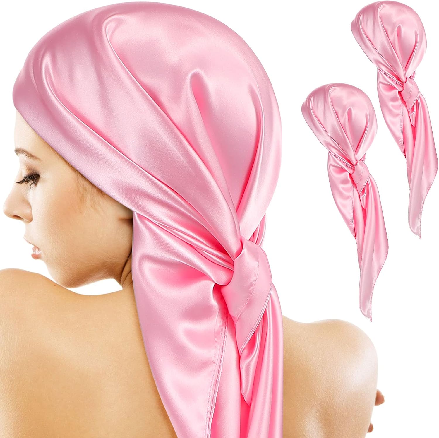 35 Inch Silky Head Scarf 2 Pcs Large Square Neck Scarf Sleeping Hair Wrapping Satin Bandana for Women - Image 2