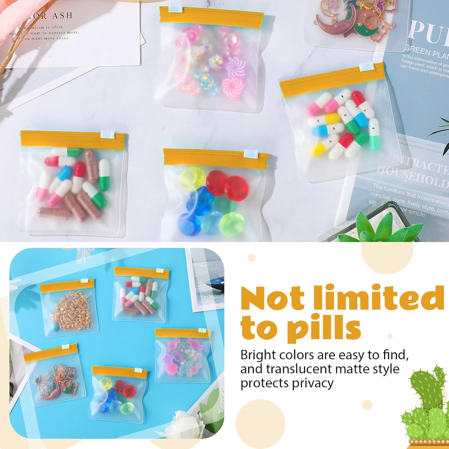 24 Pieces Pill Pouch Bags Zippered Set Reusable Translucent Medicine Organizer Sealing Travel Plastic Bags with Slide Lock for Storage(Yellow) - Image 4