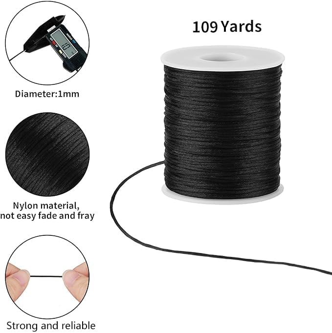 Black Nylon String Cord - 1MM 100 Yards Black Twine, Bracelet String for Bracelet Making, Braided Ornament Lanyard Thread, Jewelry Thread Clay Bead Cords for Crafts, Macrame Satin - Image 2