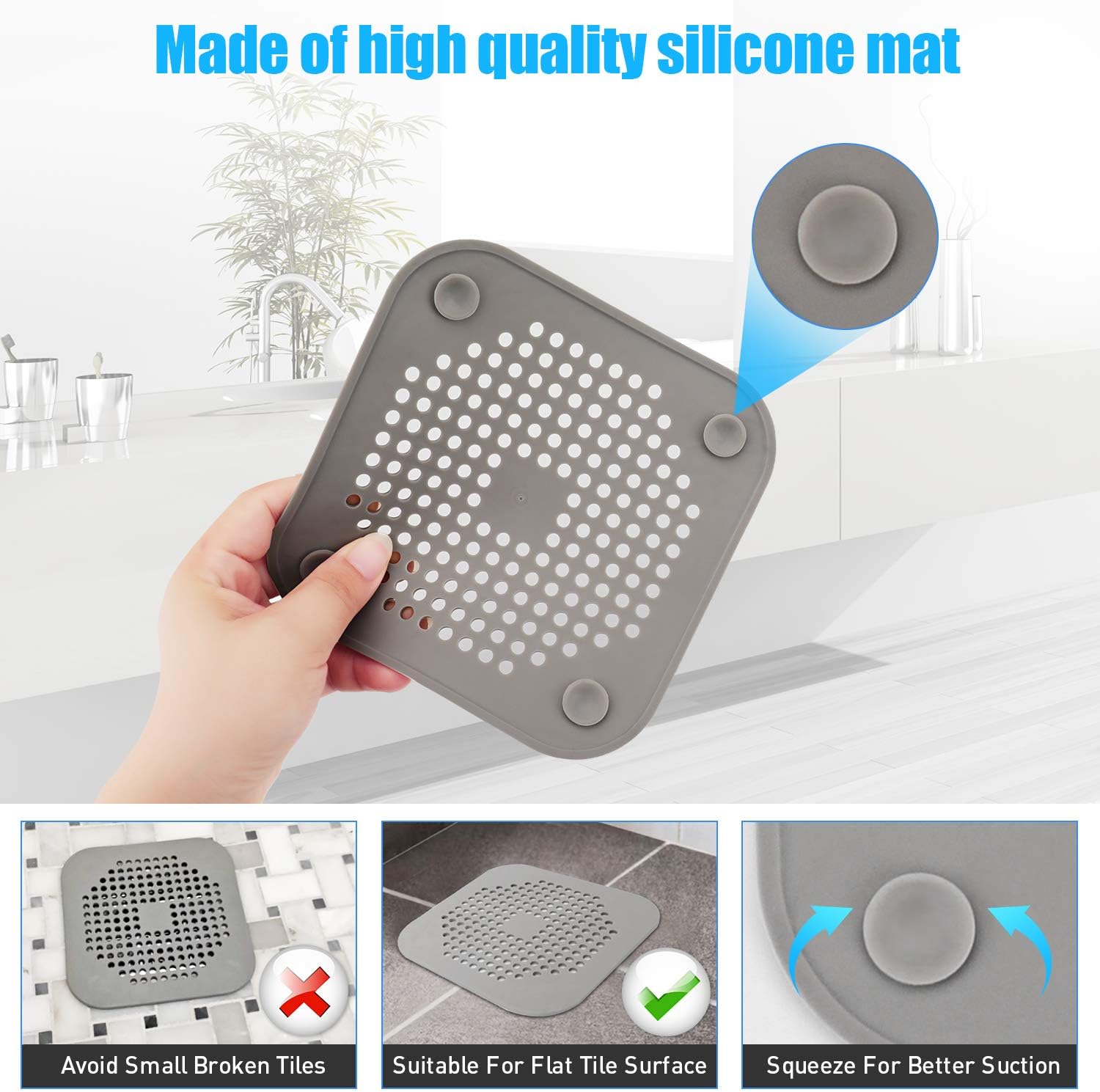 Square Drain Cover for Shower 5.7-inch TPR Drain Hair Catcher Flat Silicone Plug for Bathroom and Kitchen Filter Shower Drain Protection Flat Strainer Stopper with Suction Cups 2 Pack (Grey) - Image 3