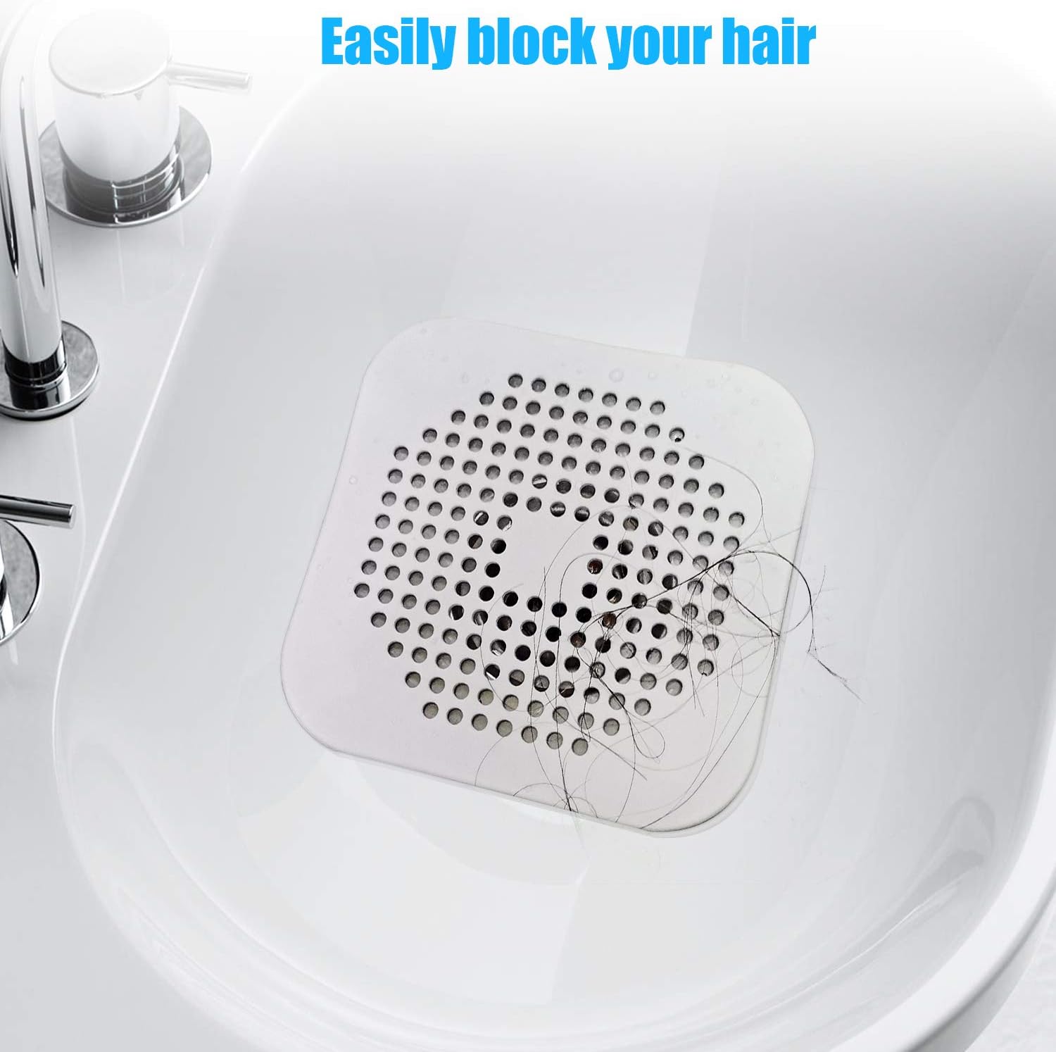 Square Drain Cover for Shower 5.7-inch TPR Drain Hair Catcher Flat Silicone Plug for Bathroom and Kitchen Filter Shower Drain Protection Flat Strainer Stopper with Suction Cups 2 Pack (White) - Image 5