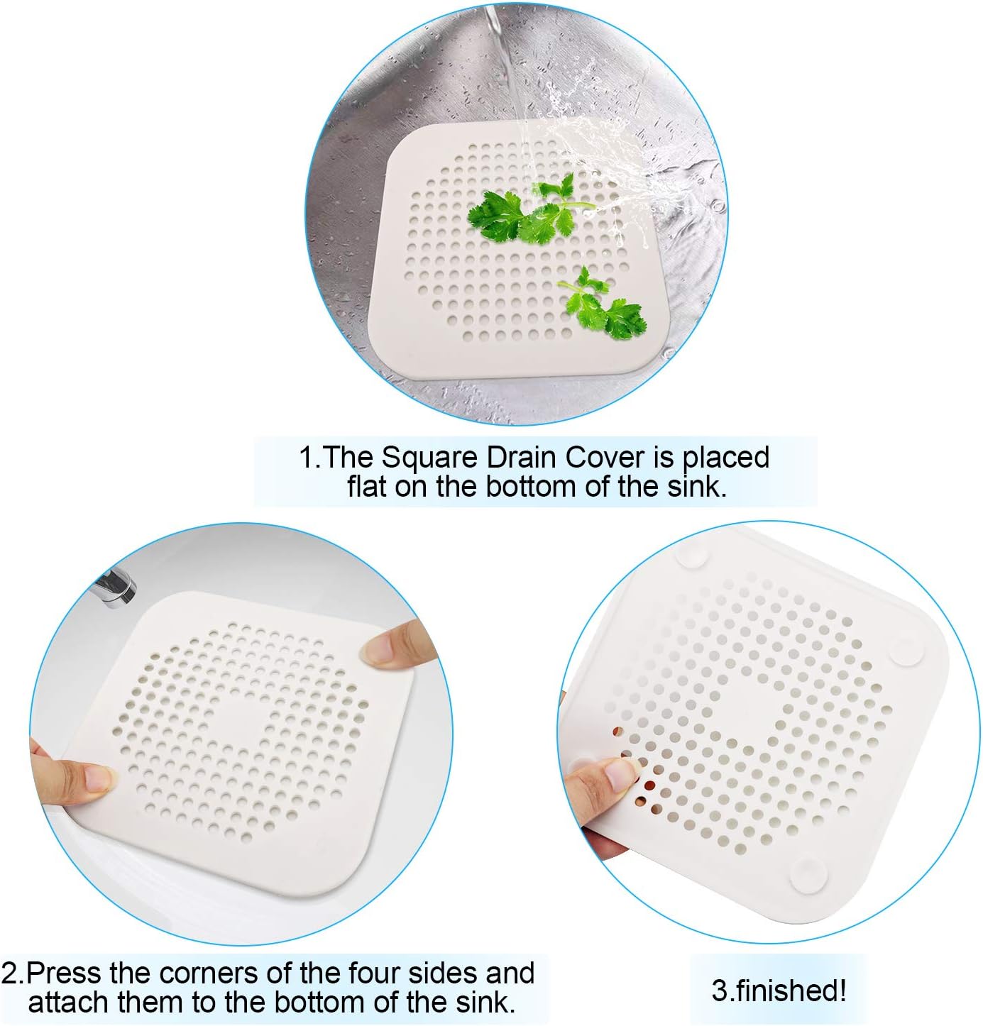 Square Drain Cover for Shower 5.7-inch TPR Drain Hair Catcher Flat Silicone Plug for Bathroom and Kitchen Filter Shower Drain Protection Flat Strainer Stopper with Suction Cups 2 Pack (White) - Image 7