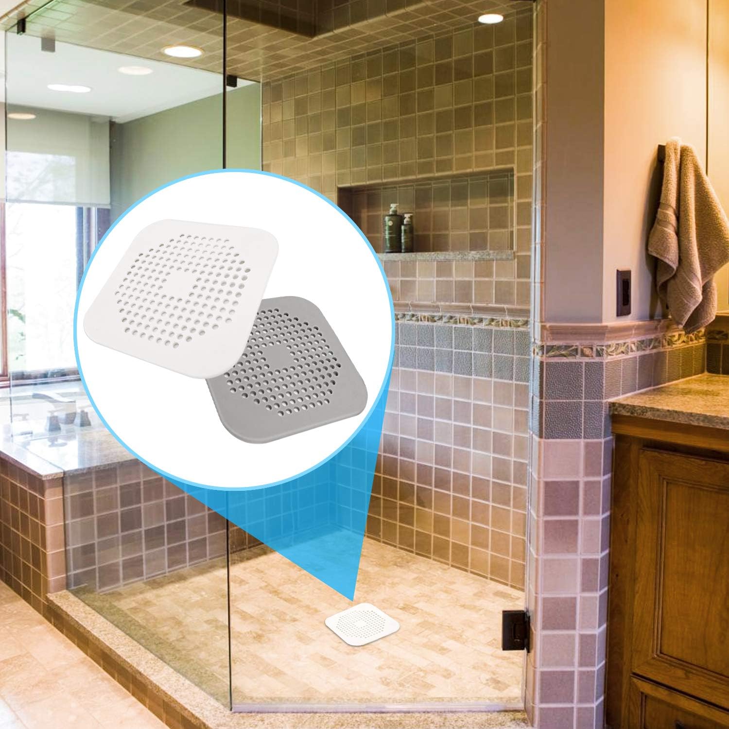 Square Drain Cover for Shower 5.7-inch TPR Drain Hair Catcher Flat Silicone Plug for Bathroom and Kitchen Grey/White Filter Shower Drain Protection Flat Strainer Stopper with Suction Cups (Grey+White) - Image 5