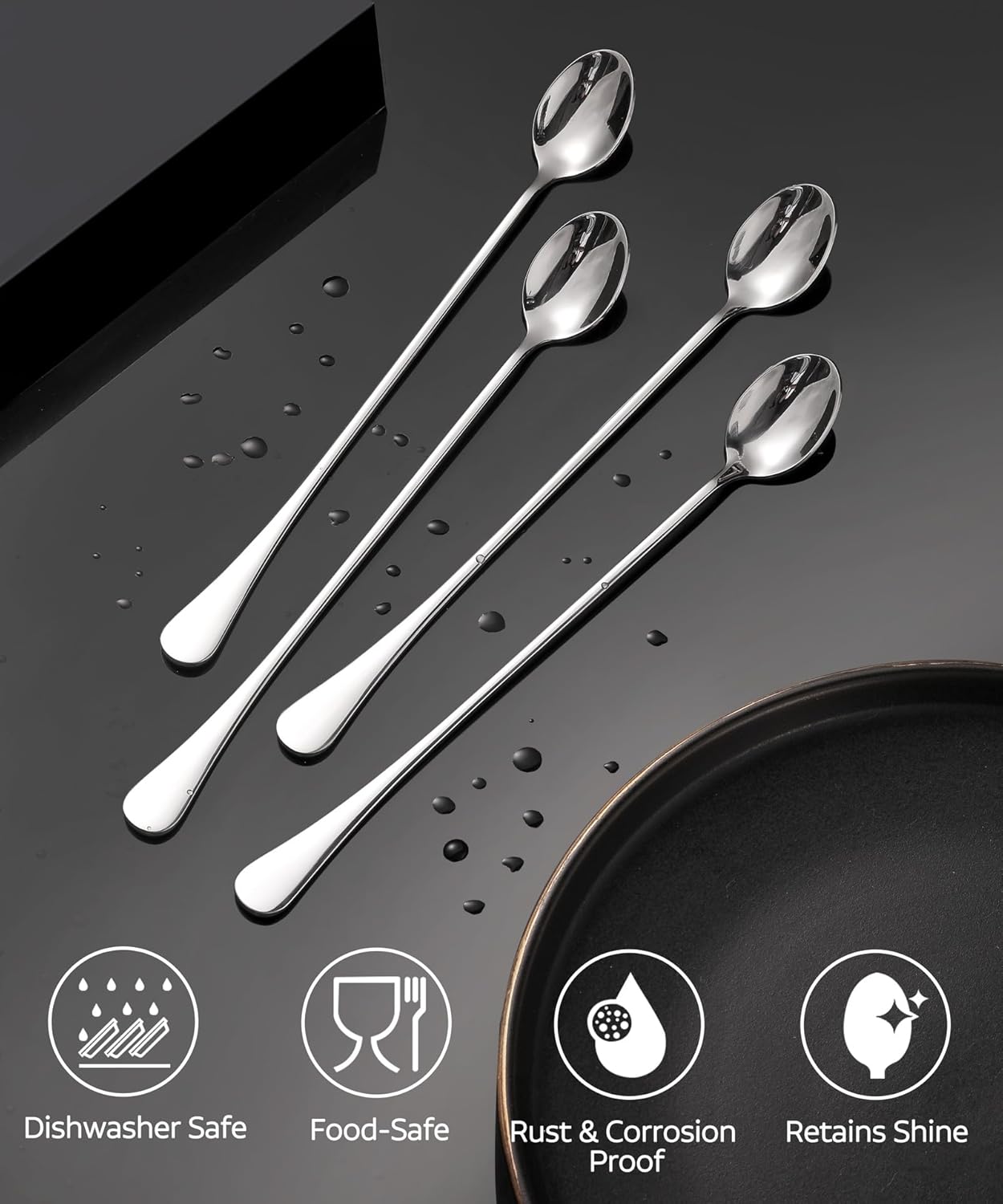 9.5-Inch Long Handle Iced Tea Spoon, Coffee Spoons, Ice Cream Spoons, Stainless Steel Cocktail Stirring Spoons, Set of 4 - Image 3