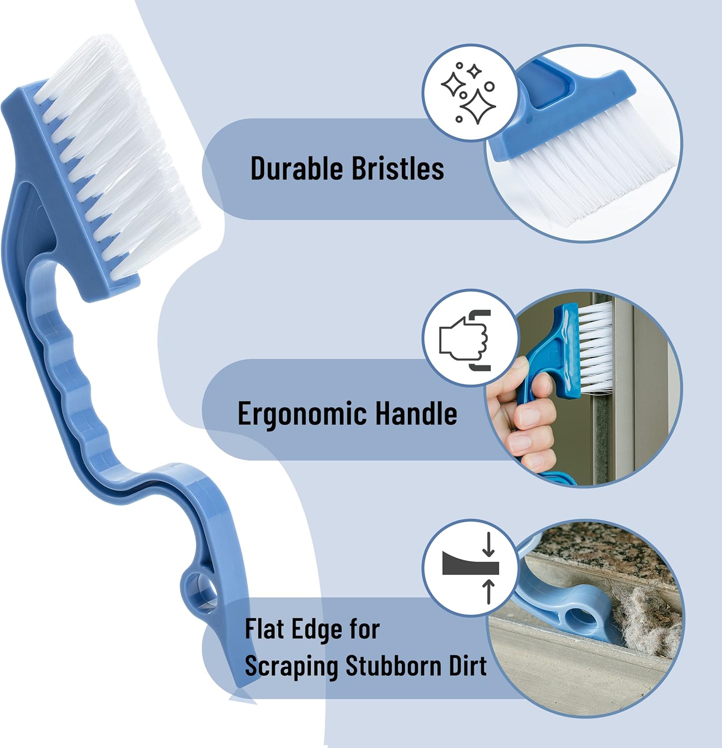Slick- Window Track Cleaning Brush, 2 Pack, Blue Ergonomic Handle, Built-in Scraper, Multipurpose, Window Track Cleaning Tools - Image 3