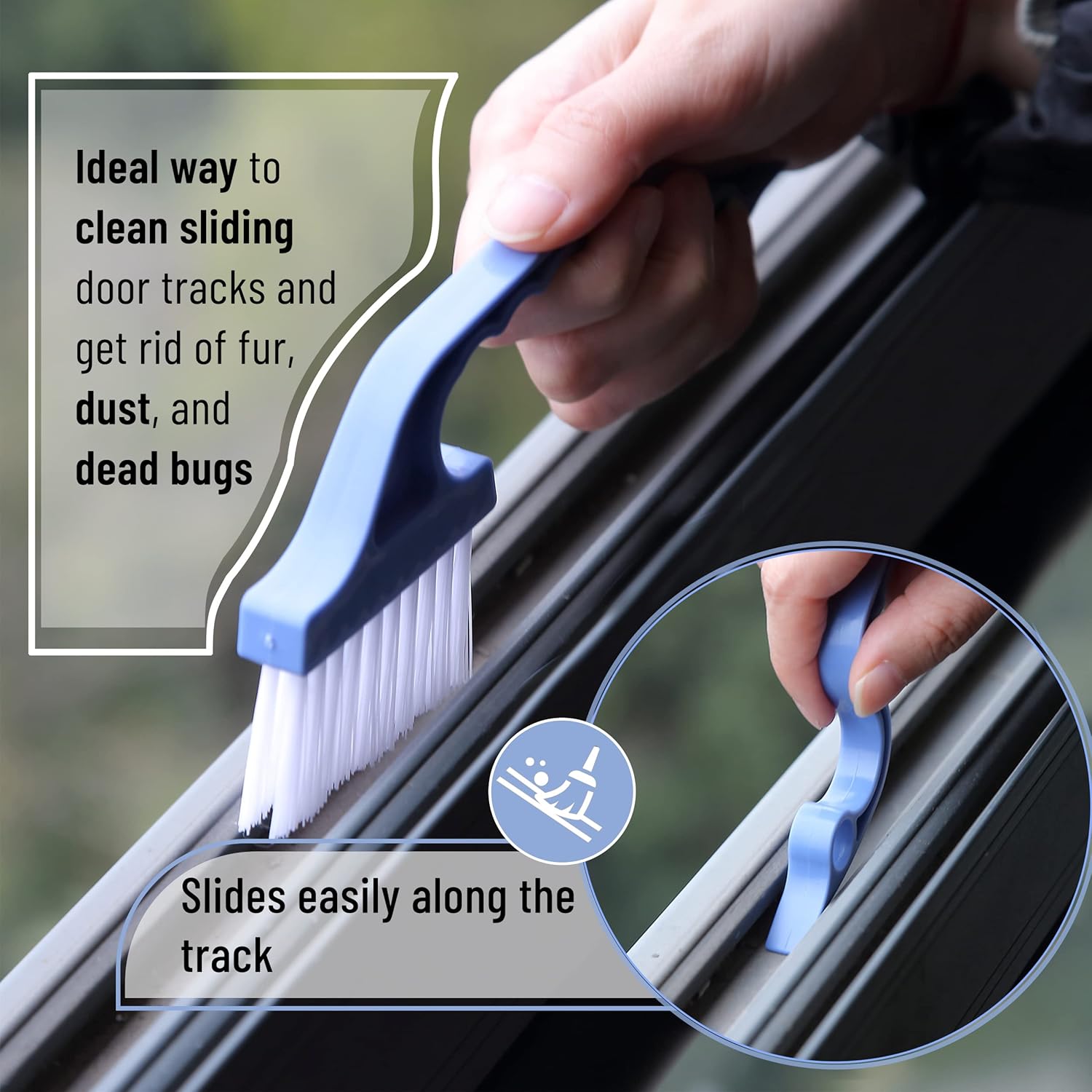 Slick- Window Track Cleaning Brush, 2 Pack, Blue Ergonomic Handle, Built-in Scraper, Multipurpose, Window Track Cleaning Tools - Image 4