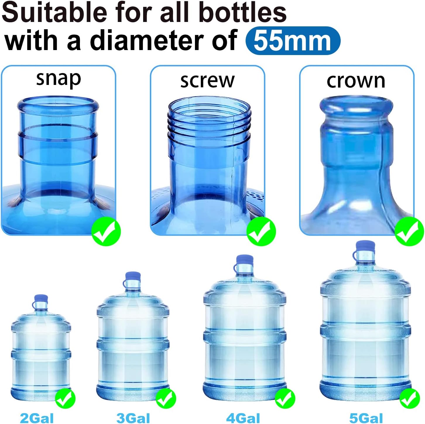 3 & 5 Gallon Water Jug Cap Reusable, Food Grade Silicone Replacement Gallon Caps for 55mm Standard/Screw/Crown Tops Water Bottle and Water Dispensers, Non-Spill Lids for Anti-Splash, Leak Free (3PCS) - Image 2