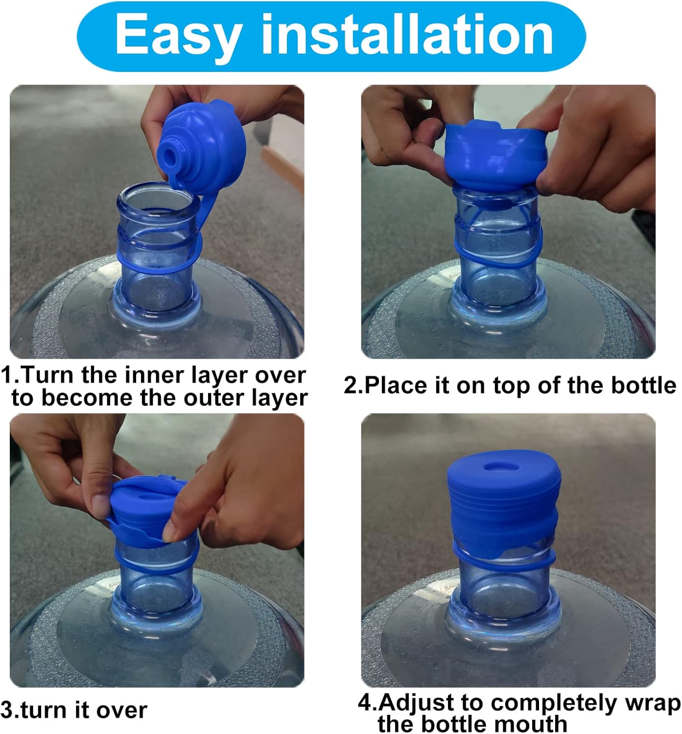 3 & 5 Gallon Water Jug Cap Reusable, Food Grade Silicone Replacement Gallon Caps for 55mm Standard/Screw/Crown Tops Water Bottle and Water Dispensers, Non-Spill Lids for Anti-Splash, Leak Free (3PCS) - Image 3