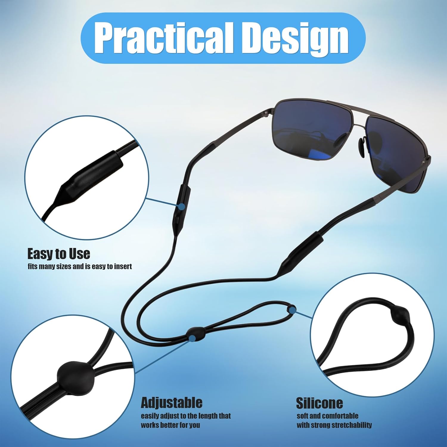 6Pcs Adjustable Glasses Straps Silicone Sport Sunglasses Holder Retainer Cord Around Neck Eyewear Accessories for Men, Women, Black - Image 4