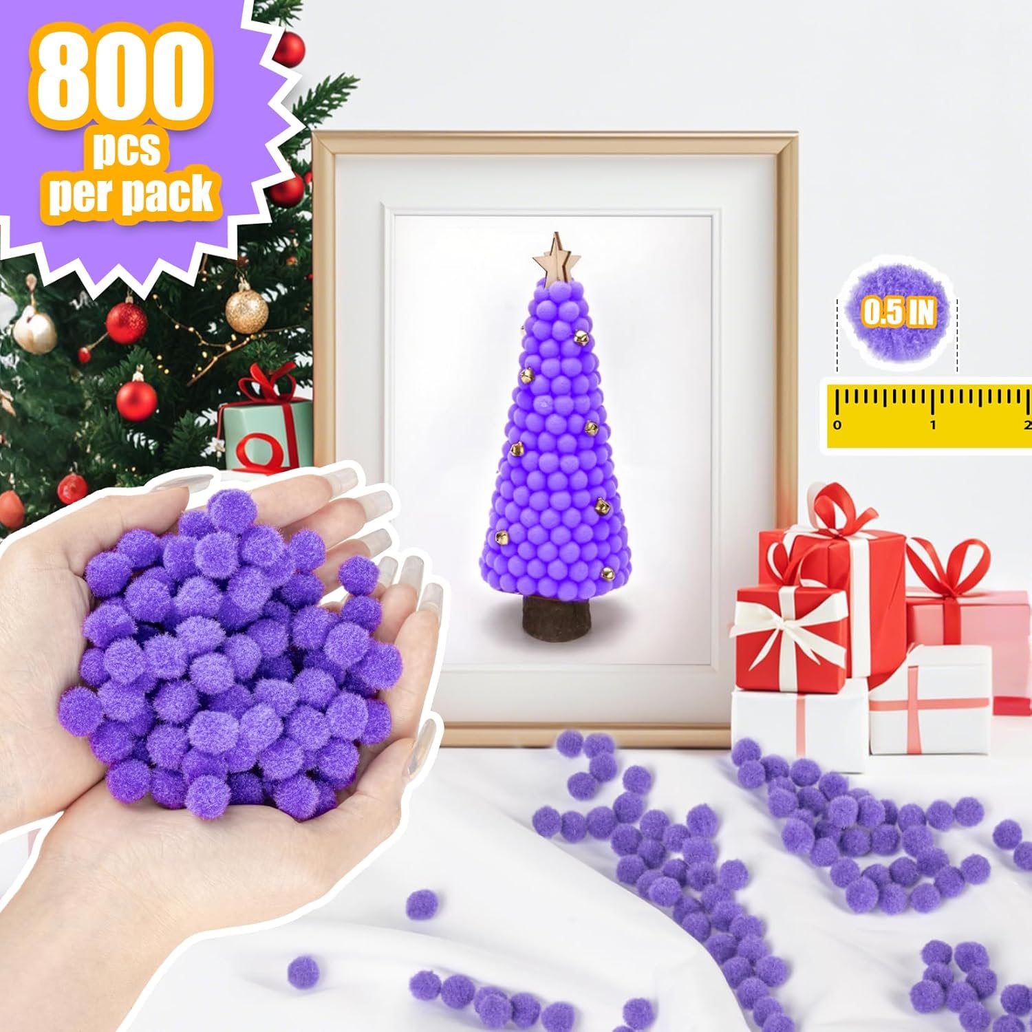 Pom Poms for Crafts - Mini Bulk Purple Pom Poms, 0.5 Inch Small Pom Balls 800 PCS, Soft Fluffy Fuzzy Craft Supplies for DIY Art, Scrapbooking, Party Decorations - Image 2