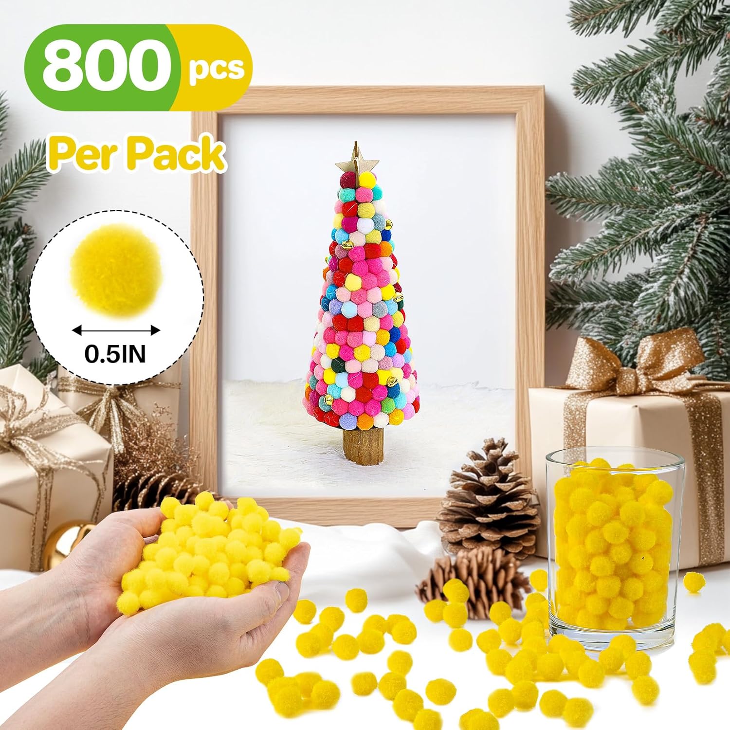 Bright Yellow Pom Poms - 800pcs Soft Fluffy Balls pompones para llaveros for DIY Projects,Crafts,Party Decor, Scrapbooking & Home Decorations 1/2 Inch - Image 2