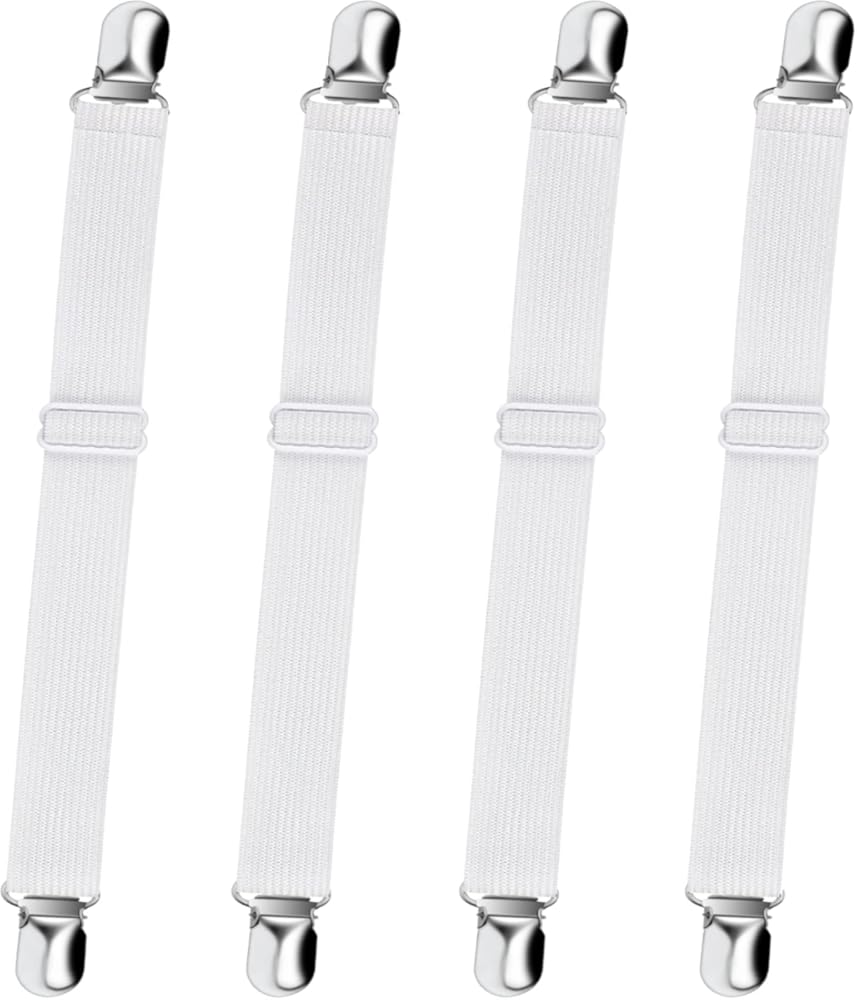 Bed Sheet Straps,  Adjustable Elastic Fitted Sheet Corner Holders Straps to Stay in Place, Non-Slip Fasteners Clips Compatible for Crib to King Size Bed, White 4Pcs - Image 1