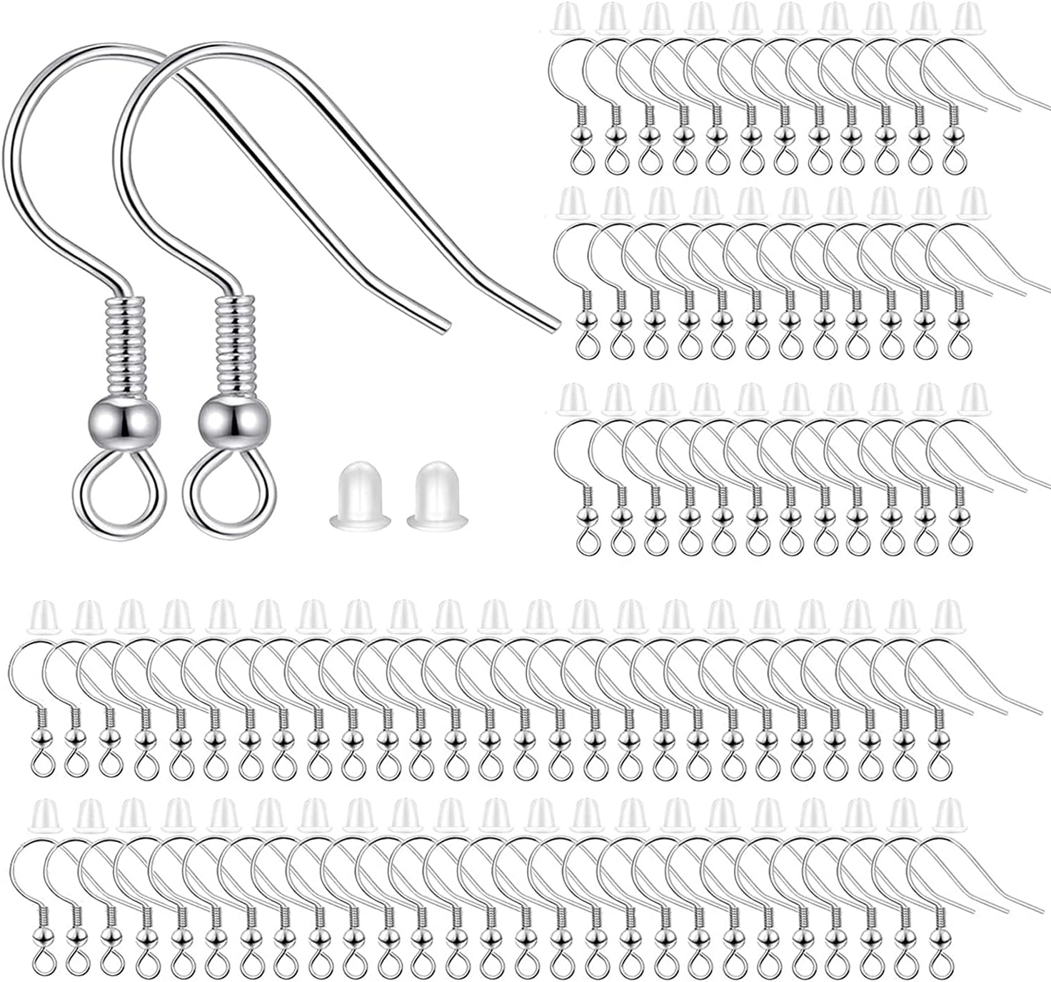 Fish Hook Earring Hooks 150pcs Earring Findings with Backs for Ear Wire Supplies Ear Post Making DIY (150pcs Silver Earrwires and 150 pcs Backs, Total 300pcs) - Image 1