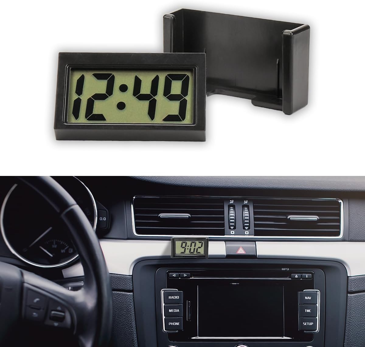 Small Electronic Dashboard Car Time Clock Self-Adhesive Mini Car Electronic Clock, Simple Car Accessories LCD Screen Home Digital Display Clock with Stand for Car, Office (Black) - Image 1