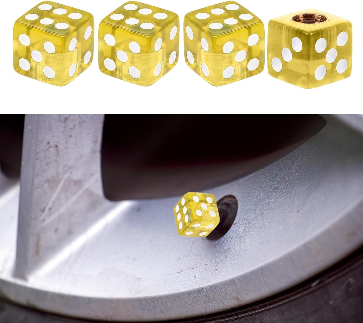 4PCS Acrylic Dice Style Tire Valve Stem Cap, Car Air Caps Tire Valve Stem Covers with Rubber Ring, Auto Wheel Valve Dust Proof Cover Universal for Cars, Bikes, Trucks, SUVs, Motorcycles (Yellow) - Image 1