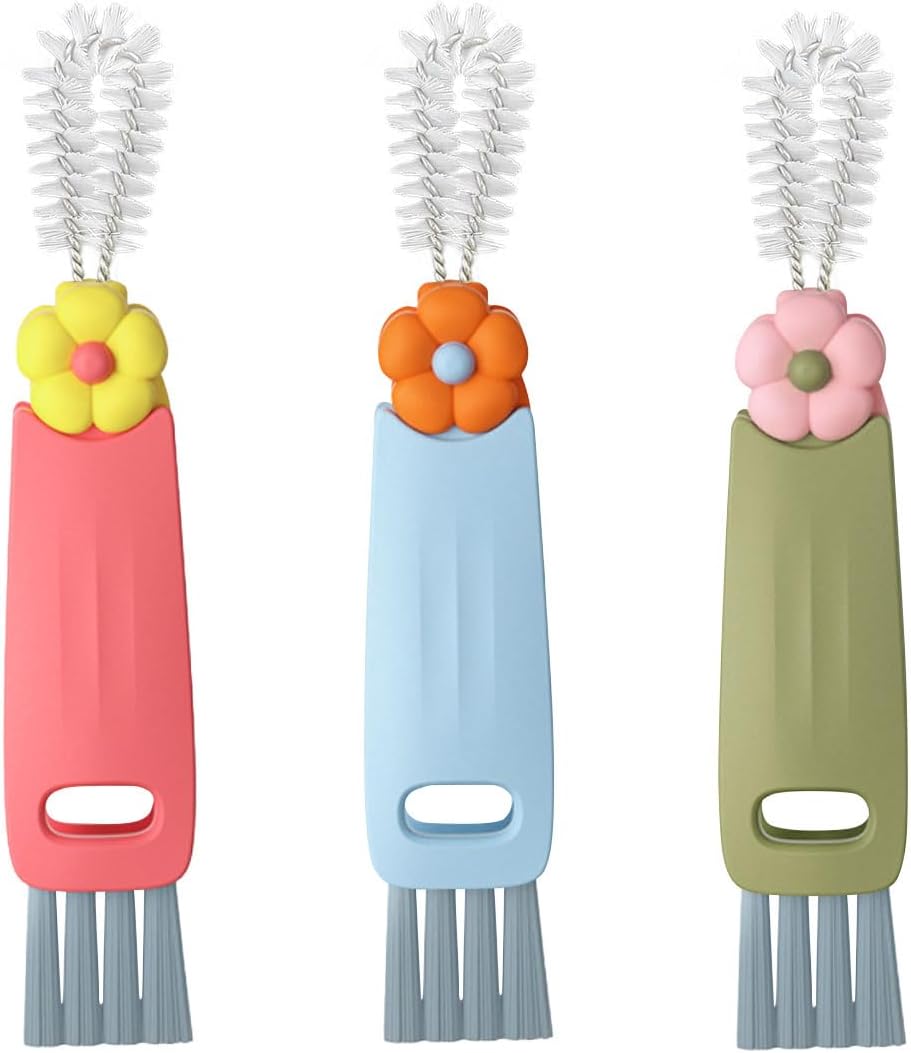 3 in 1 Cup Lid Cleaning Brush Set for Bottle Gap Tight Spaces Cup - Multifunctional Cleaning Brush Portable Crevice Cleaning Tools - Cup Mouth Scrubber Cup Lid Cleaner with Flower Design (3PCS) - Image 1