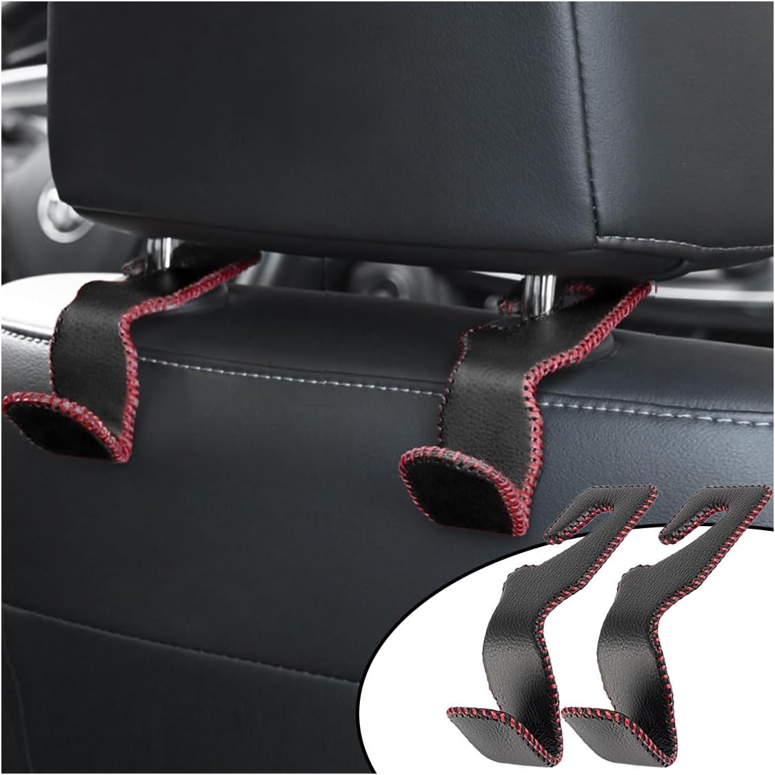 2Pack Car Seat Back Headrest Hooks, Superior Leather Auto Seat Hook Hangers, Vehicle Interior Organizer Accessories for Hanging Purse, Grocery Bags, Coats, Umbrellas (Black&Red) - Image 1