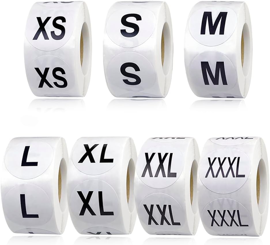 3500 Pcs Clothing Size Stickers, 1 Inch Round Self Adhesive, 7 Sizes XS-S-XXXL for T Shirts (Black) - Image 1