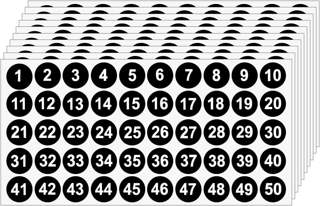 20 Sheets 1 to 50 Vinyl Small Round Labels Consecutive Number Stickers Waterproof Adhesive Inventory Stickers for Storage Box, Indoor Outdoor, Office & School Supplies - Image 1