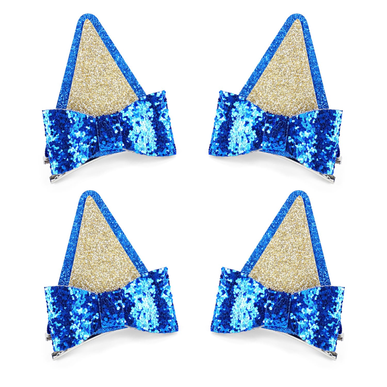 2 Pairs Blue Ears Hair Clips with Bows Glitter Hair Barrettes for Theme Party Supplies Cosplay Halloween Costume Birthday Decorations - Image 1