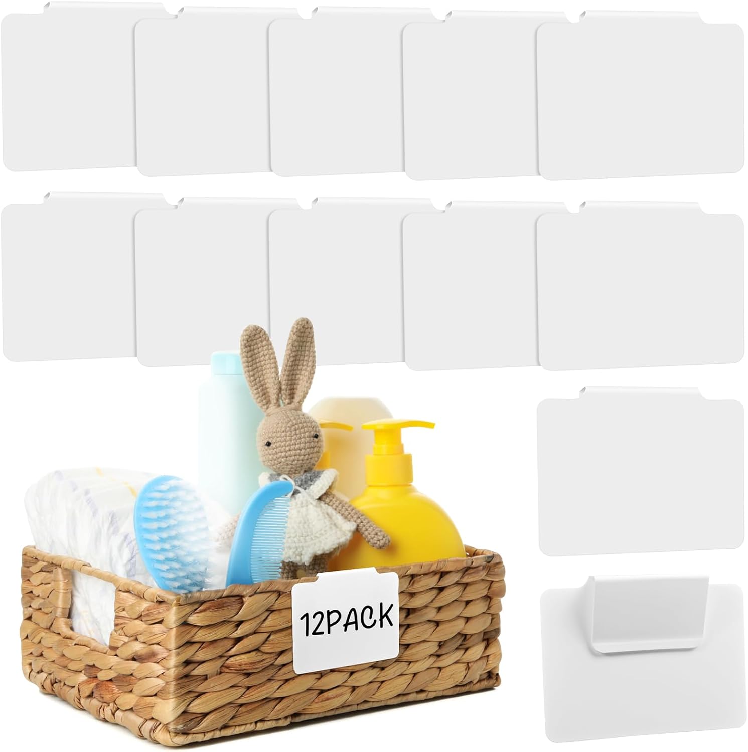 12pcs White Basket Labels Clip On for Storage Bins, Removable PVC Labels for Baskets with Holders, 3.5x2.7 Inches - Image 1