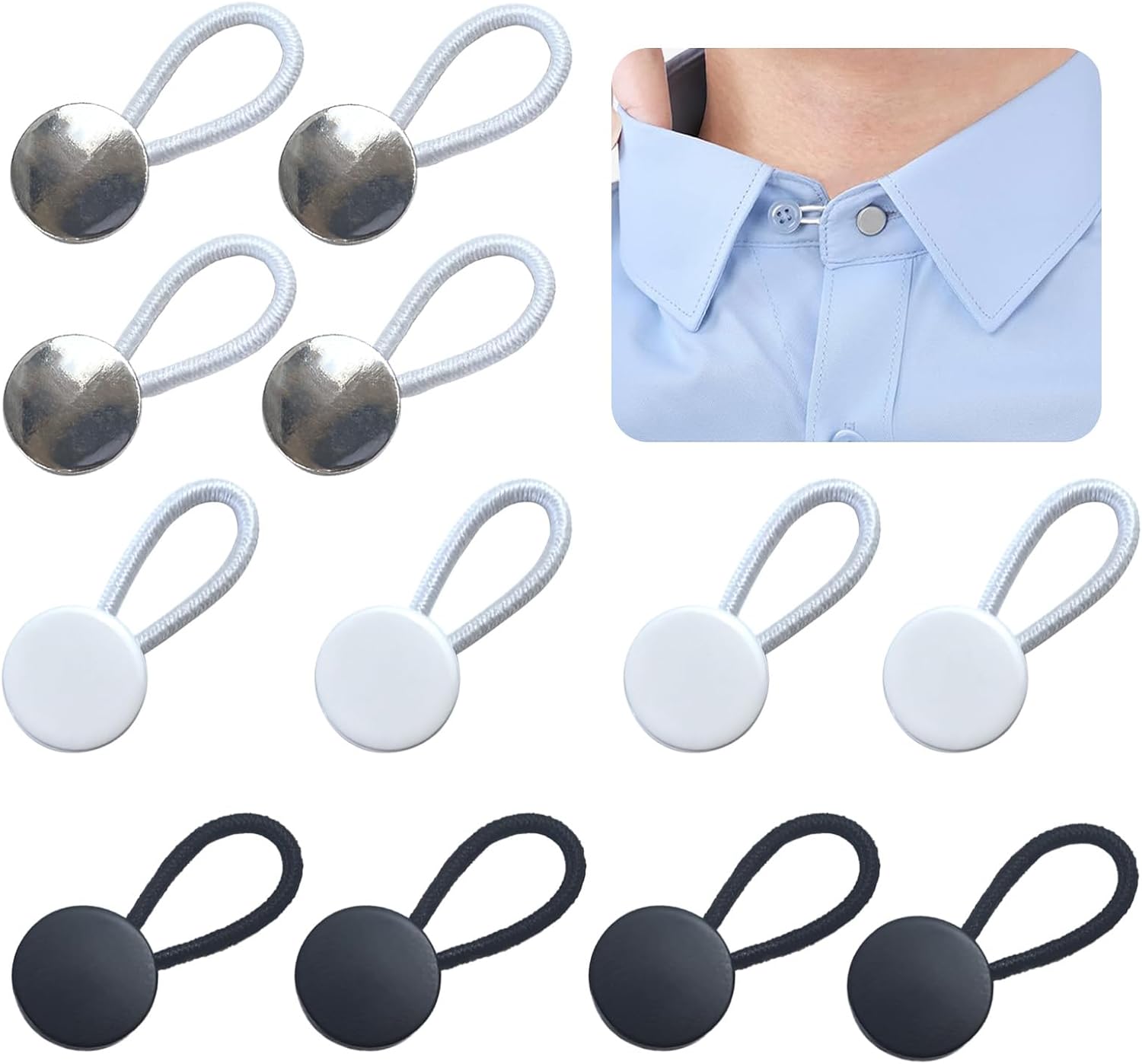 12PCS Collar Extenders for Mens Shirts Neck Button Extender for Mens Dress Shirt Soft Elastic Neck Extender Relief Tight(3 Colors White, Black And Bright Silver) - Image 1