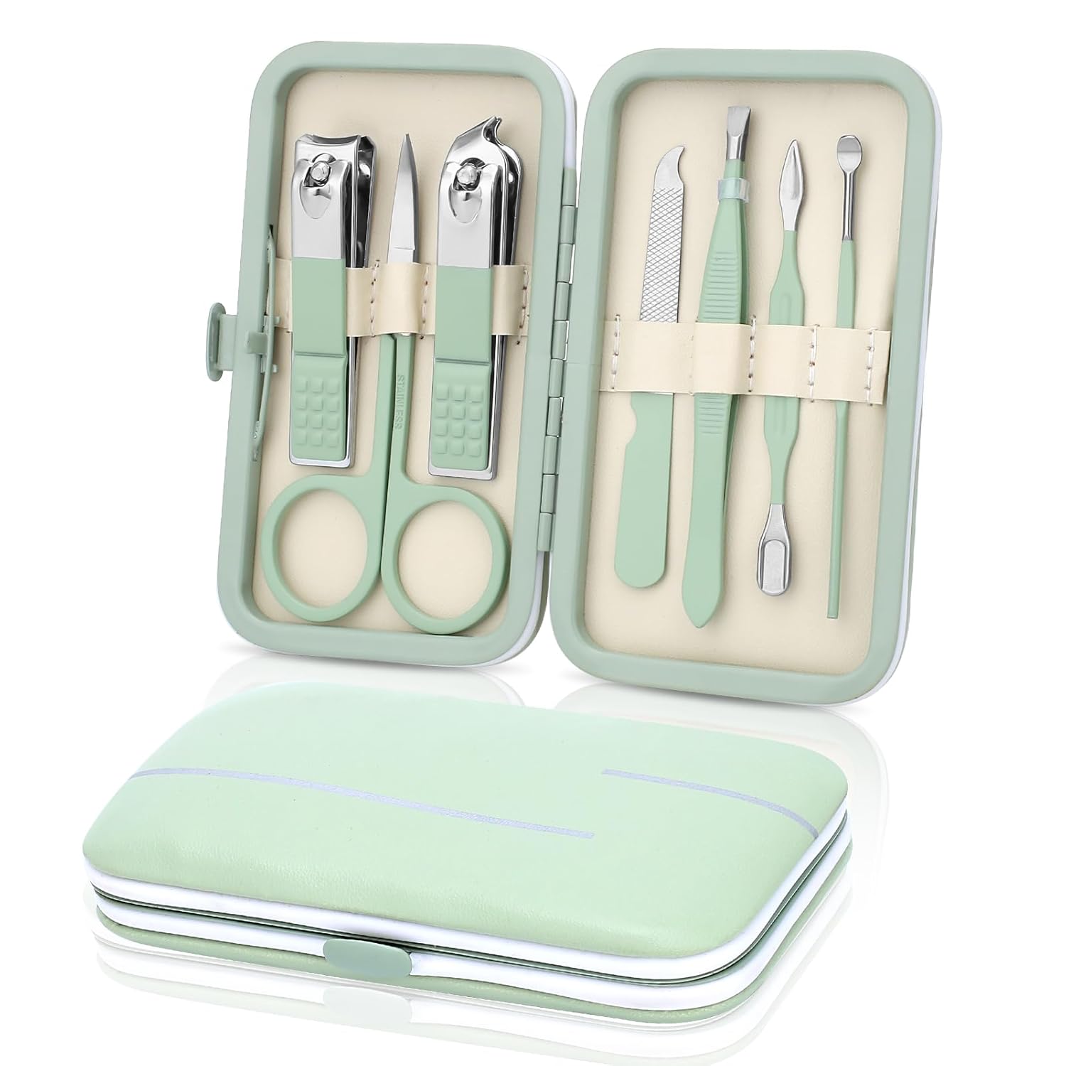 Manicure Set-Stainless Steel Nail Care Set-Professional 7 in 1 Ingrown Toenail Clipper Grooming Tool-Pedicure Kit & Toe Nail Cutter-Thick Nail Scissors Toiletries with Cuticle Trimmer (Green) - Image 1
