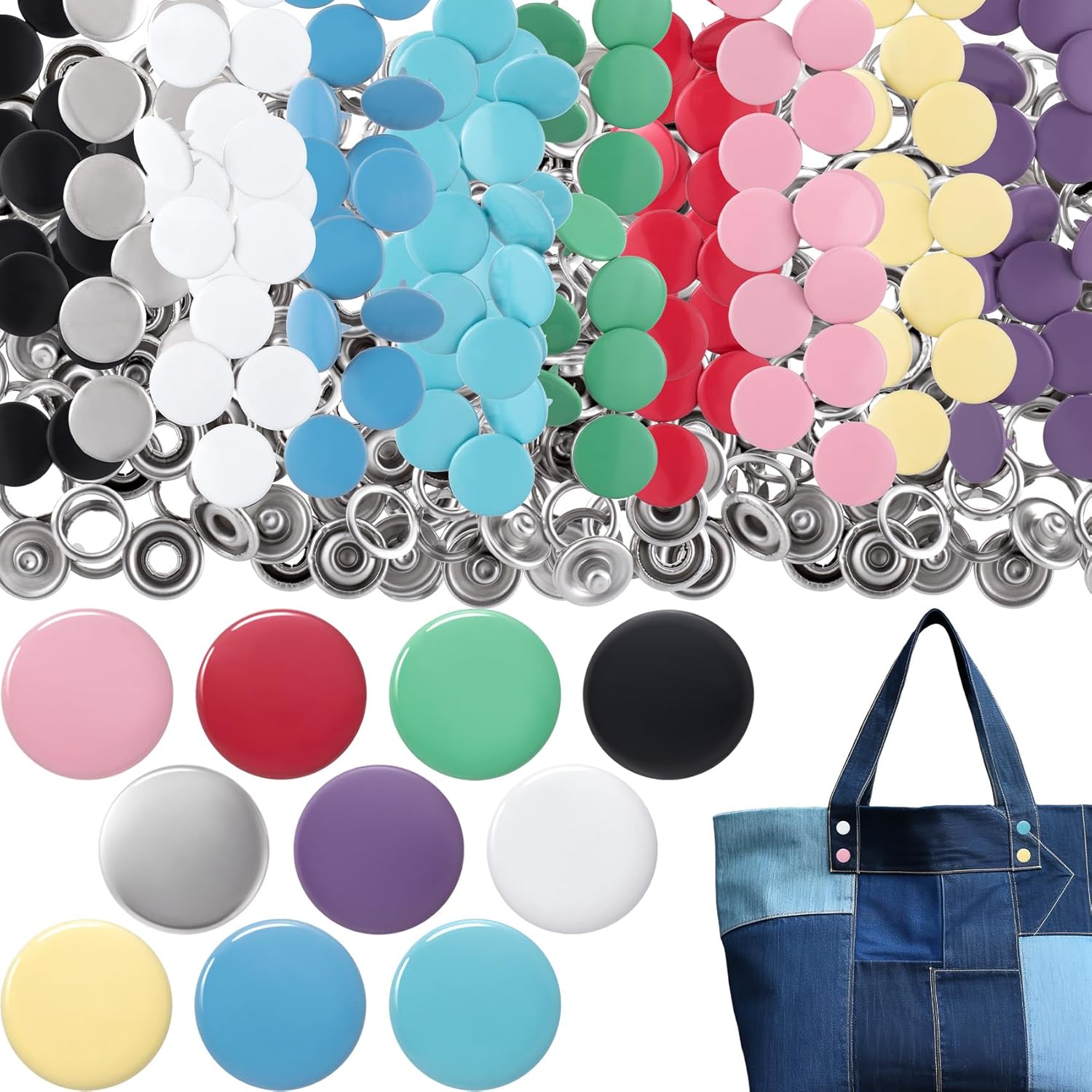 200pcs Snap Buttons for Fabric, 9.5mm Alloy Snap Button Kit for Sewing, Colorful Sewing Fasteners Tools for Clothing Hats DIY Crafts - Image 1
