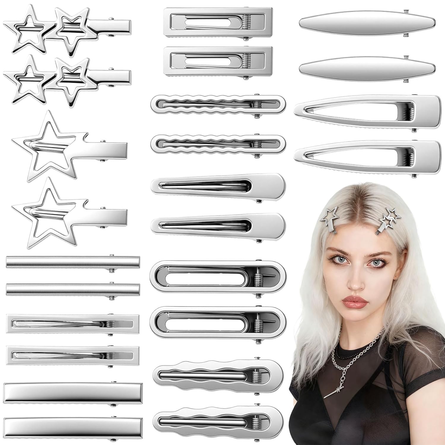 24pcs Silver Y2K Hair Clips, 12 Style Metal Alligator Clips Barrettes for Women, Non-Slip 2000s Star Hairclips Cool Hair Accessories for Thin Thick Straight Curle Hairstyles - Image 1