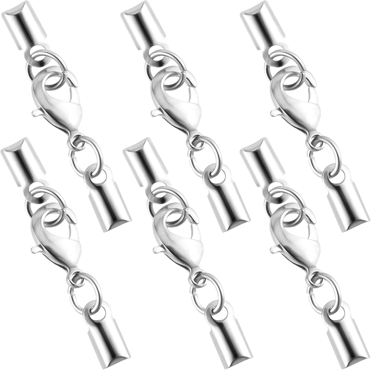 6pcs Cord End Caps with Lobster Clasp, 4mm Leather Cord Ends Jewelry Clasps, Brass Barrel Terminators Leather Jewelry Connector for DIY Necklaces Bracelets Keychains- Silver - Image 1