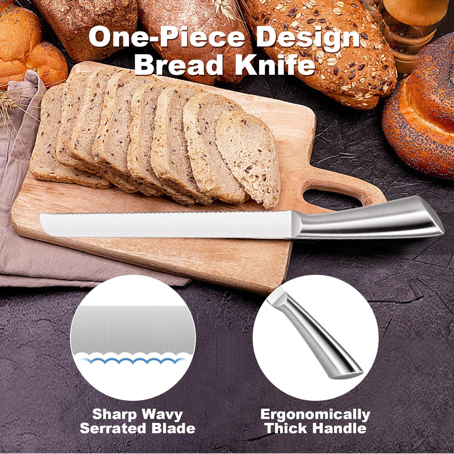 Serrated Bread Knife, Pastry-Slicer - 10 Inch/24CM Blade,One-Piece Stainless Steel Design,Best Knives for Slicing Bread, Bagels, Cake - Image 3