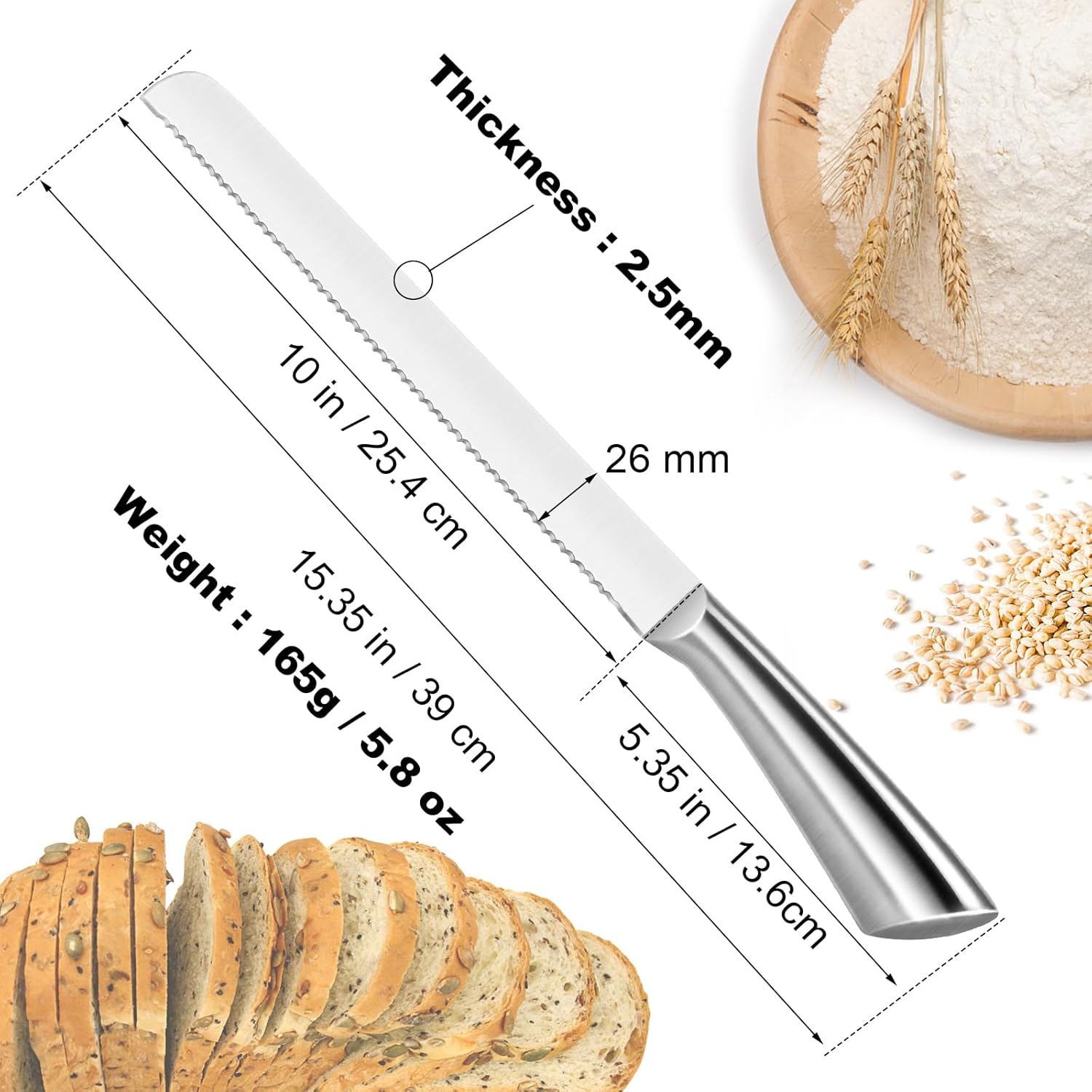 Serrated Bread Knife, Pastry-Slicer - 10 Inch/24CM Blade,One-Piece Stainless Steel Design,Best Knives for Slicing Bread, Bagels, Cake - Image 4