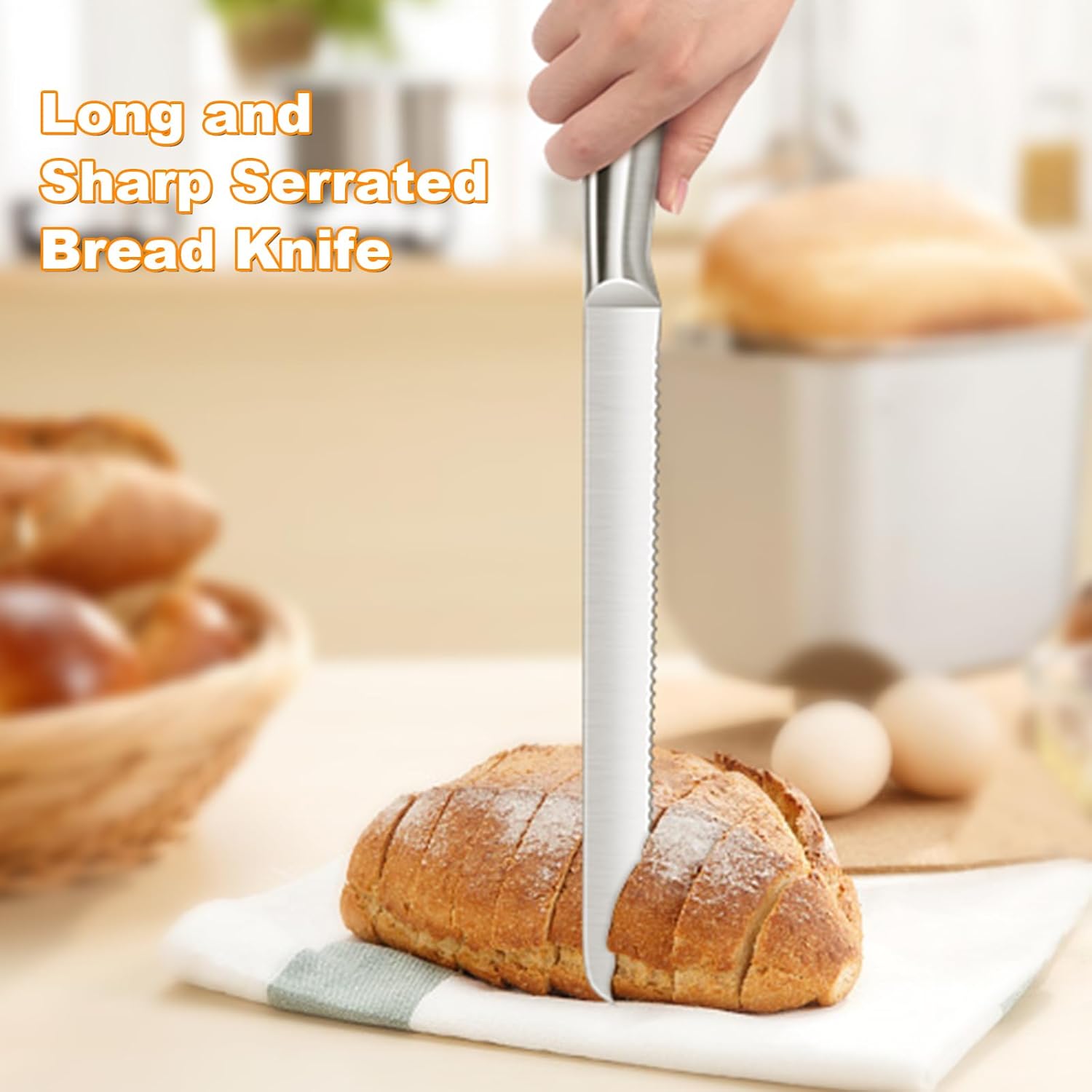 Serrated Bread Knife, Pastry-Slicer - 10 Inch/24CM Blade,One-Piece Stainless Steel Design,Best Knives for Slicing Bread, Bagels, Cake - Image 5