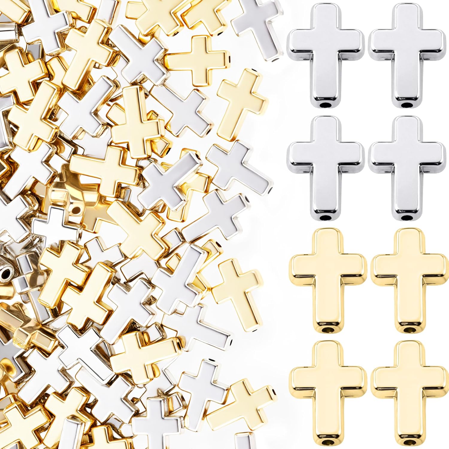 60pcs Cross Beads for Bracelets, Plastic Cross Charms Religious Beads, Mini Crucifix Loose Spacer Charm DIY Supplies for Necklaces Earrings Pendant Jewelry Making- Gold & Silver - Image 1