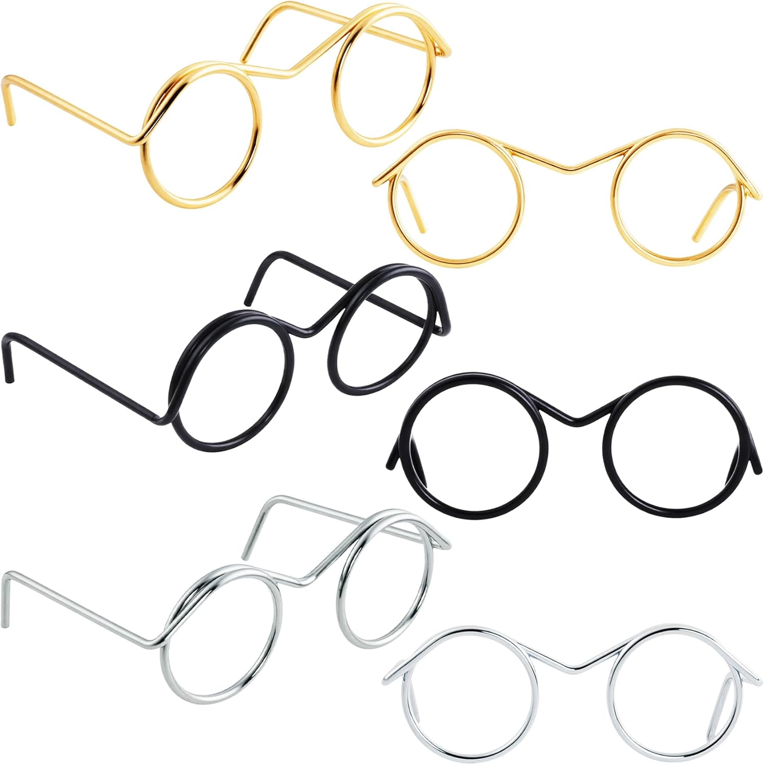 6pcs Mini Metal Doll Glasses, Small Round Glasses for Dolls Making, Tiny Dog Cat Eyeglasses Decorative Supplies Accessories for DIY Projects Costume Cosplay- Gold & Silver & Black - Image 1